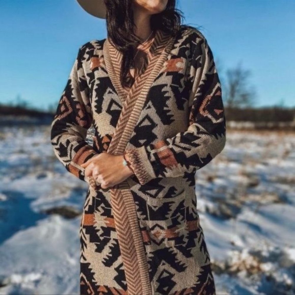 Western Print Long Cardigan Aztec Print Long Open Front Pocketed Sweater NEW - Picture 2 of 6